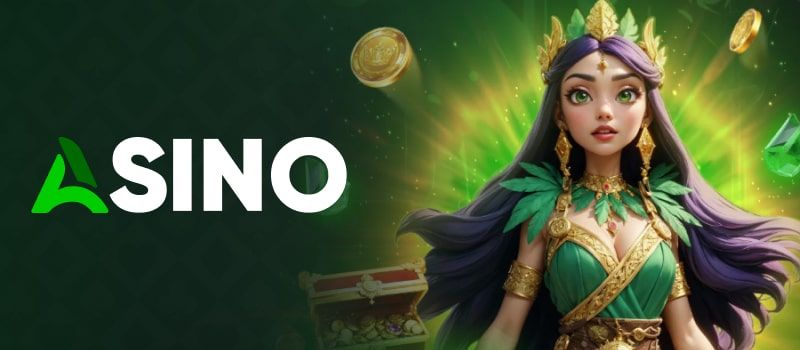 Asino logo fantasy woman dressed in green outfit treasure chest surrounded by coins and jewels.