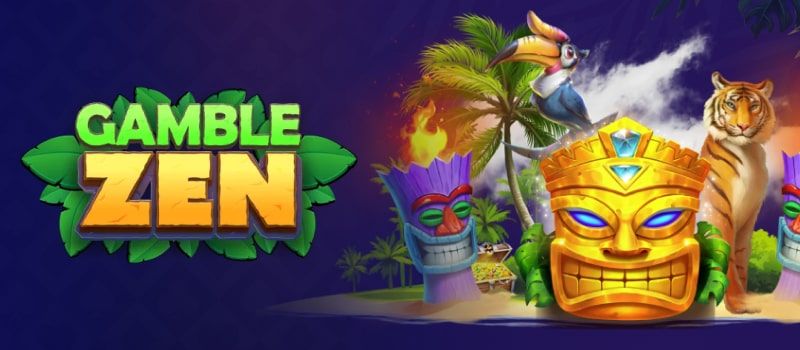 Gamblezen logo with tribal masks tropical jungle background tiger and toucan vibrant atmosphere.