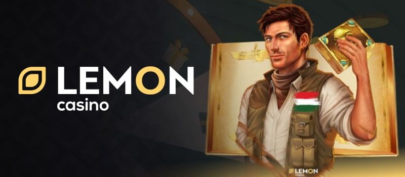 Lemon Casino logo adventurous man holding golden artifact treasure map exploration themed design.