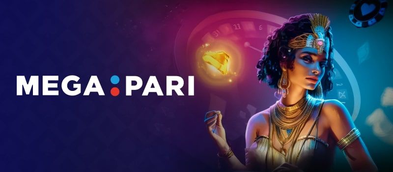 Megapari logo with Egyptian styled woman golden jewelry mystical gemstone roulette in background.