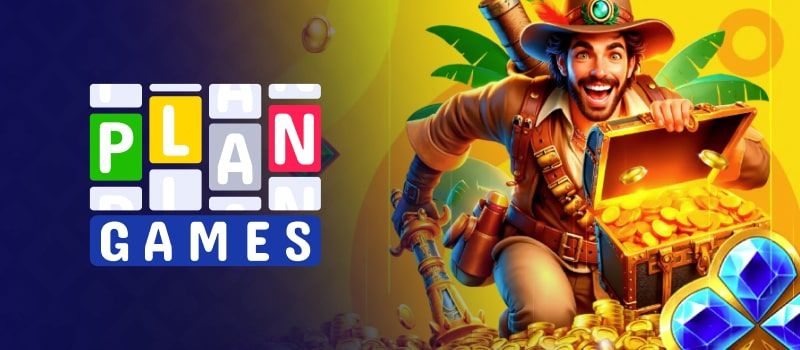 Plangames logo excited adventurer opens golden treasure chest tropical jungle themed background.