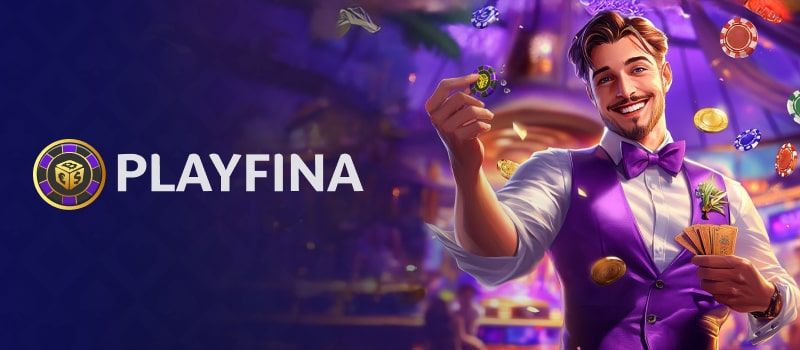 Playfina logo featuring a smiling man in purple tuxedo holding casino chips cards in lively casino.