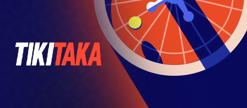 TikiTaka logo illustrated with abstract roulette wheel graphics bold orange blue and red colors.