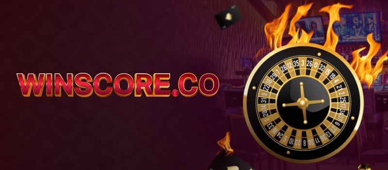 Winscore logo featuring flaming roulette wheel with casino dice chips dark intense atmosphere.