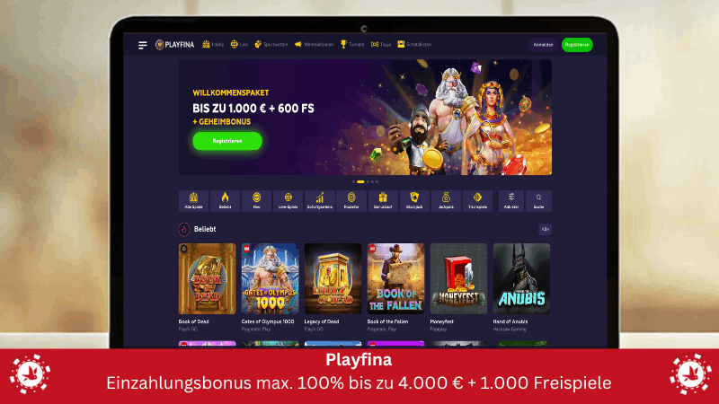Playfina Casino auf einem Computerbildschirm