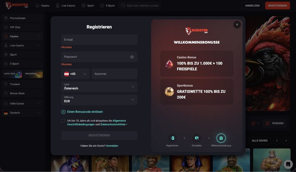 Anmeldebildschirm im Rooster.bet Casino