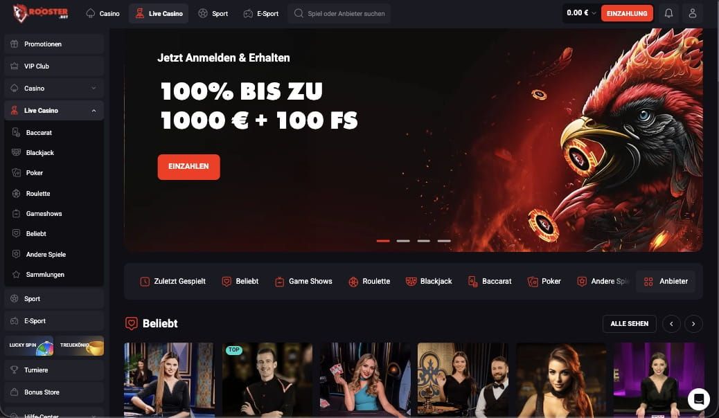 Rooster.bet Live-Casino-Lobby