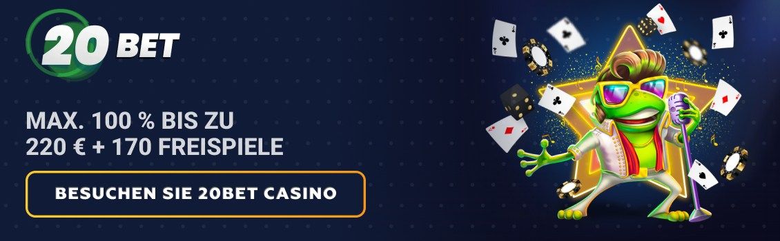 Melden Sie sich bei 20Bet an und bekommen Sie einen max. 100%-Willkommensbonus bis zu 220 &euro; und 170 Freispiele! Genie&szlig;en Sie bei Ihrer ersten Einzahlung eine sofortige Bonusrunde an Big Bass Bonanza 1000!