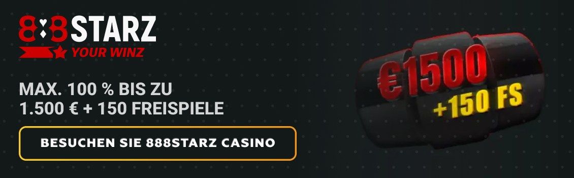 Melden Sie sich bei 888Starz an und sichern Sie sich einen Willkommensbonus von max. 100% bis zu 1.500 &euro; plus 150 Freispiele! T&auml;tigen Sie Ihre erste Einzahlung von nur 10 &euro;, um den Bonus zu bekommen!