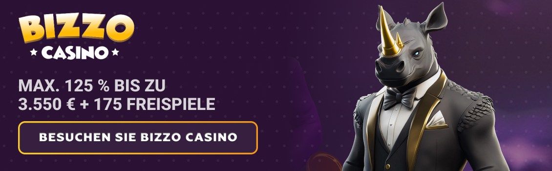 Werden Sie Mitglied bei Bizzo Casino und sichern Sie sich einen Willkommensbonus von maximal 125% bis zu 3.550 &euro; plus 175 Freispiele! Fangen Sie noch heute mit einer Einzahlung von nur 10 &euro; an zu spielen!