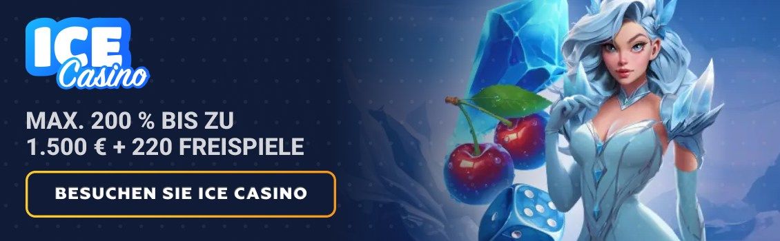 Melden Sie sich beim ICE Casino an und sichern Sie sich einen max. 150%-Willkommensbonus von bis zu 1.500 &euro; + 270 Freispiele! Fordern Sie den Bonus innerhalb von 1 Stunde nach der Registrierung an, um nach Ihrer ersten Einzahlung 150 FS zu erhalten.