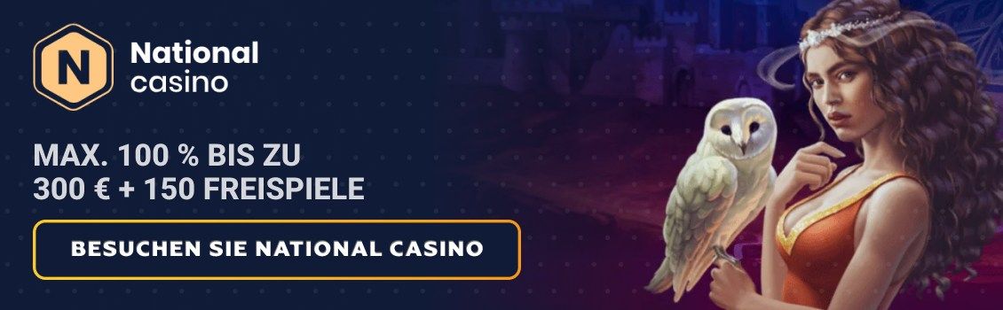 Sichern Sie sich einen max. 100%-Bonus bis zu 300 &euro; und 150 Freispiele f&uuml;r Avalon: The Lost Kingdom und Johnny Cash im National Casino! Zahlen Sie noch heute ein und genie&szlig;en Sie an Extra-Rewards vom Anfang.