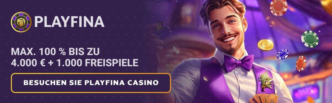 Registrieren Sie sich bei Playfina und erhalten Sie einen Willkommensbonus von maximal 100% bis zu 4.000 &euro; + 1.000 FS! Holen Sie sich den Bonus und spielen Sie Ihre Lieblingsslots!