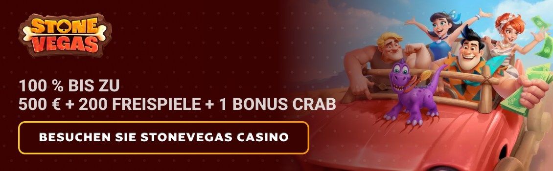 Melden Sie sich noch heute bei Stonevegas Casino an und beanspruchen Sie einen 100%-Willkommensbonus von bis zu 500 &euro; + 200 Freispiele! Au&szlig;erdem bekommen Sie einen Bonus Crab, um Ihre erste Spielsitzung zu verbessern!