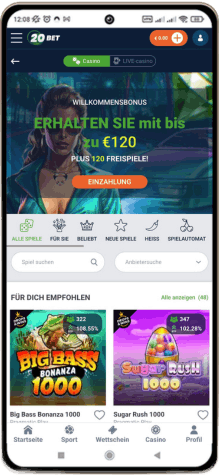 20Bet Casino Hauptseite auf dem Handy