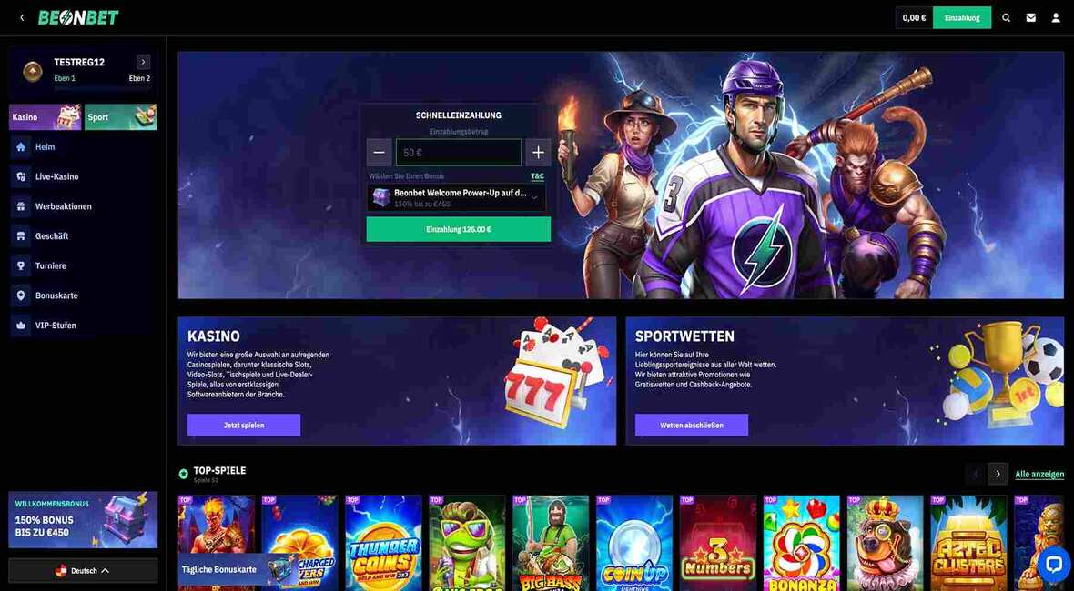 BeOnBet Casino Hauptseite