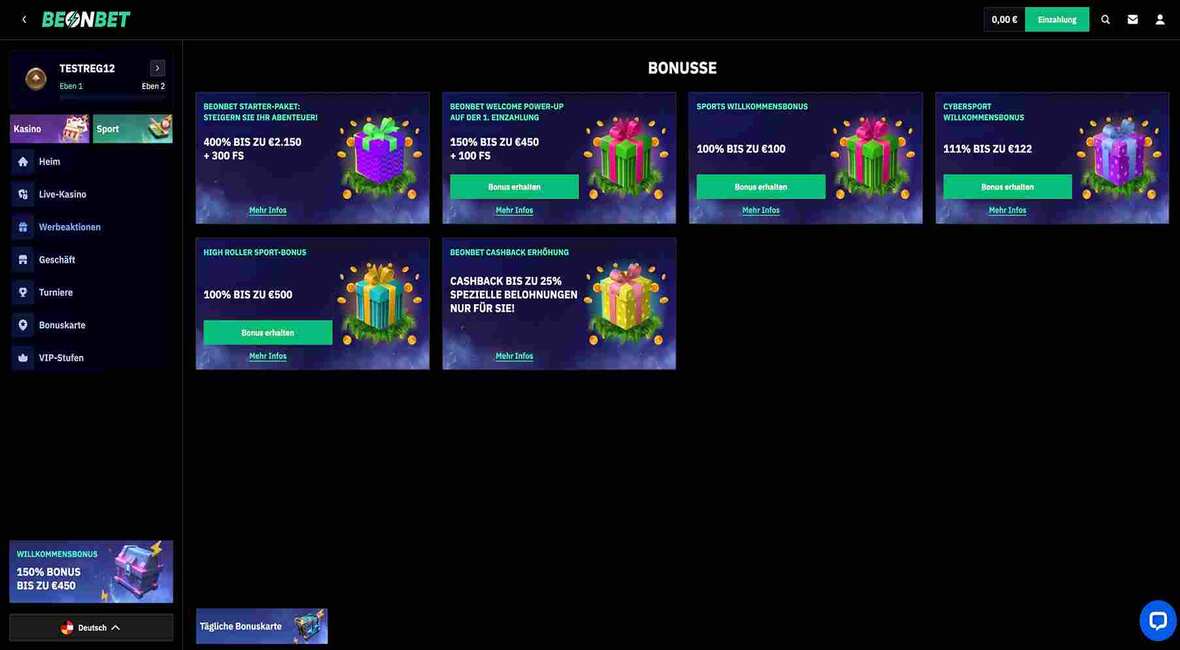 BeOnBet Casino Bonusseite