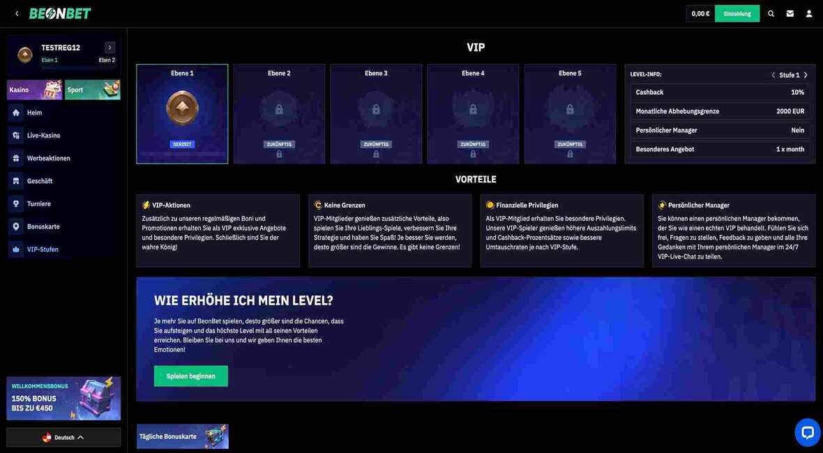 BeOnBet Casino vip Seite