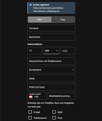 Geben Sie Ihren Namen bei Bwin ein