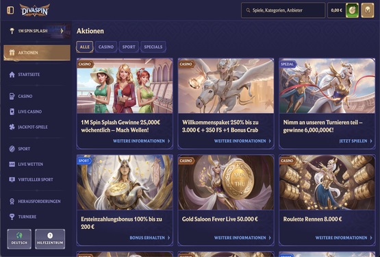 DivaSpin Casino Bonusseite