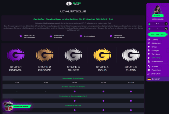 GlitchSpin Casino VIP Seite