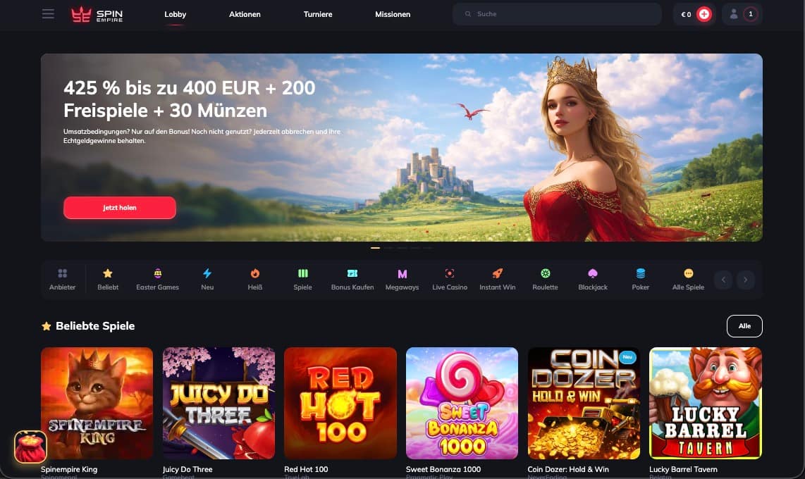 SpinEmpire Casino Hauptseite