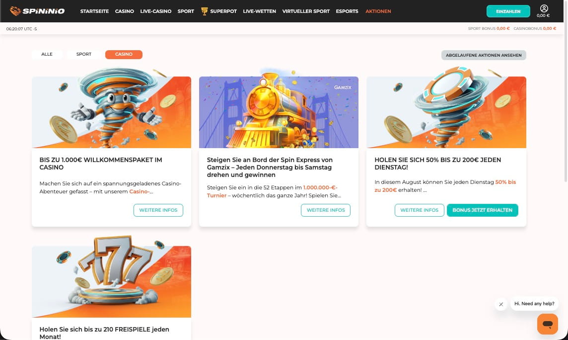 Spininio Casino Bonusseite