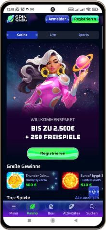 Spinwinera Casino auf einem Mobiltelefon