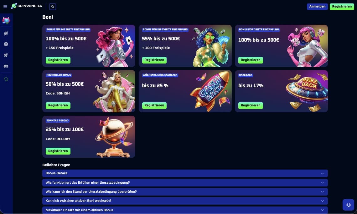 Spinwinera Casino Bonusseite