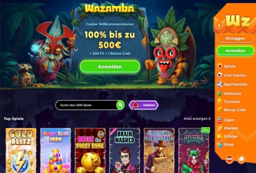 Wazamba Casino Hauptseite