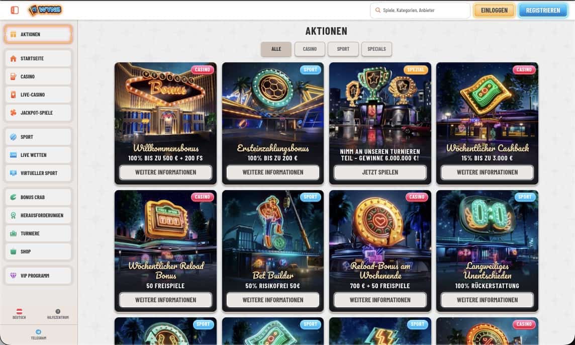 Wyns Casino Bonusseite