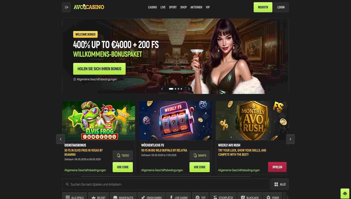 Avocasino Hauptseite