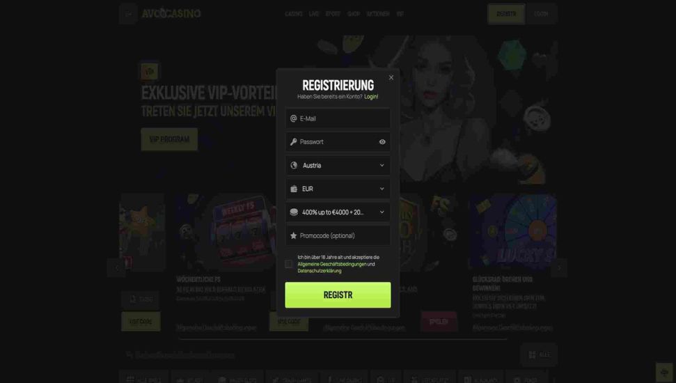 Anmeldung bei Avocasino - Schritt 2