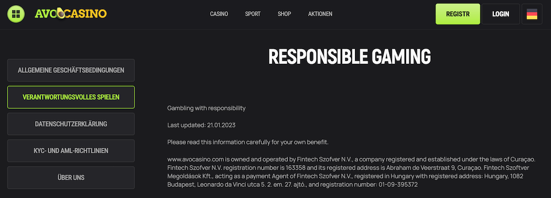 Abschnitt &bdquo;Verantwortungsbewusstes Spielen&ldquo; im Avocasino