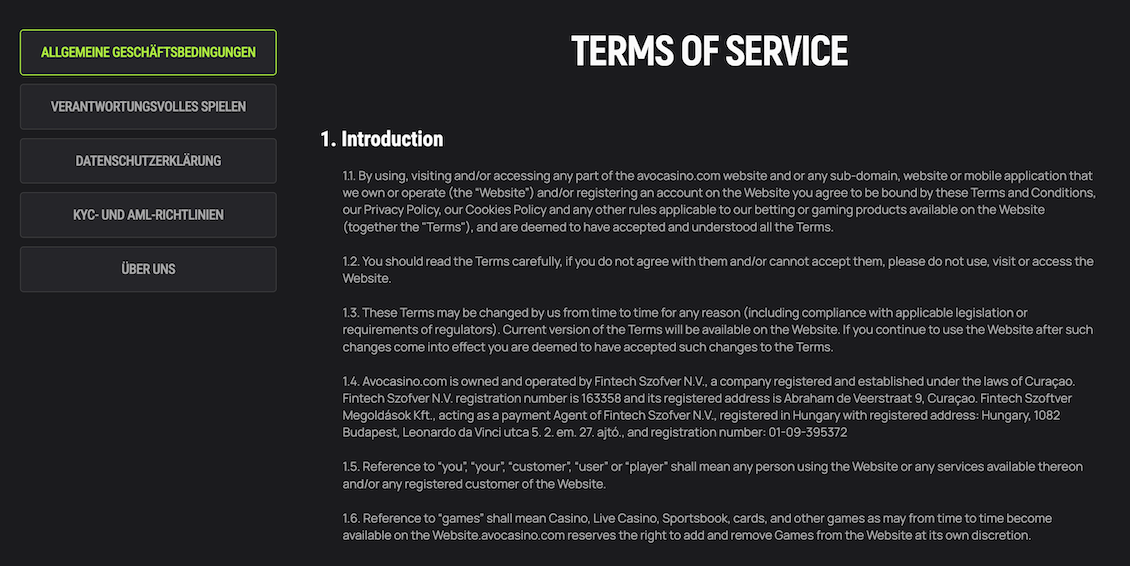 Avocasino Bedingungen und Konditionen