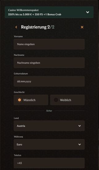 CrownPlay Casino Pers&ouml;nliche Daten eingeben