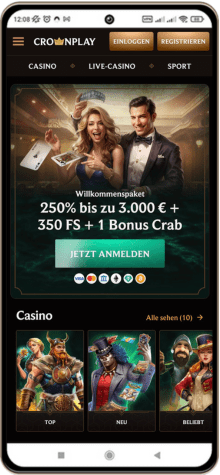 CrownPlay Casino Hauptseite auf dem Handy