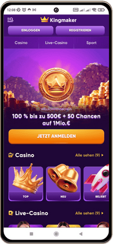 Kingmaker Casino Hauptseite auf dem Handy