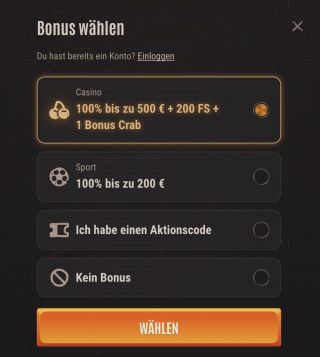 W&auml;hlen Sie den Bonus, den Sie erhalten m&ouml;chten.