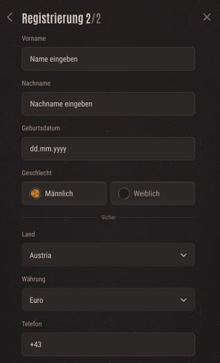 Geben Sie Ihre pers&ouml;nlichen Daten bei Ivibet ein.