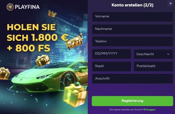 Playfina Casino Geben Sie Ihre pers&ouml;nlichen Daten ein