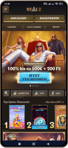 Realz Casino auf einem Mobiltelefon
