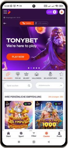 Tonybet Casino Hauptseite auf dem Handy