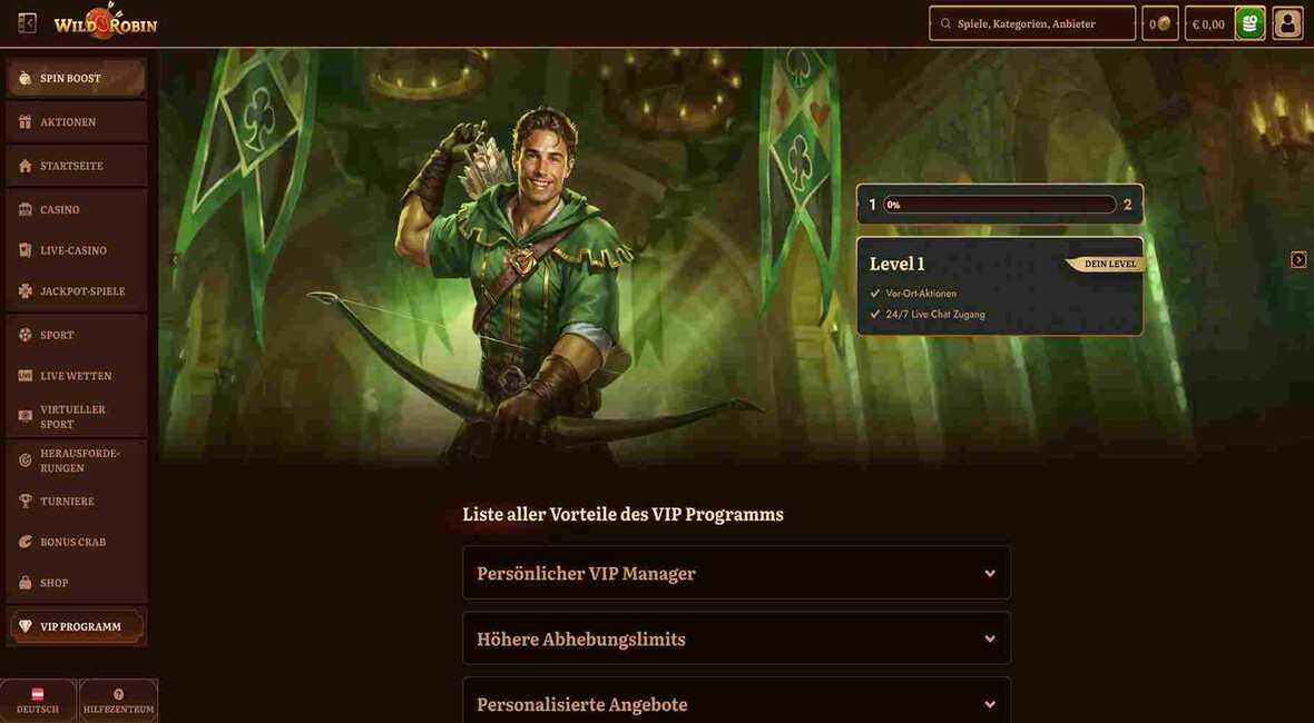 Wild Robin Casino VIP Seite