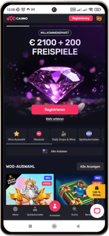 Woo Casino Hauptseite auf dem Handy