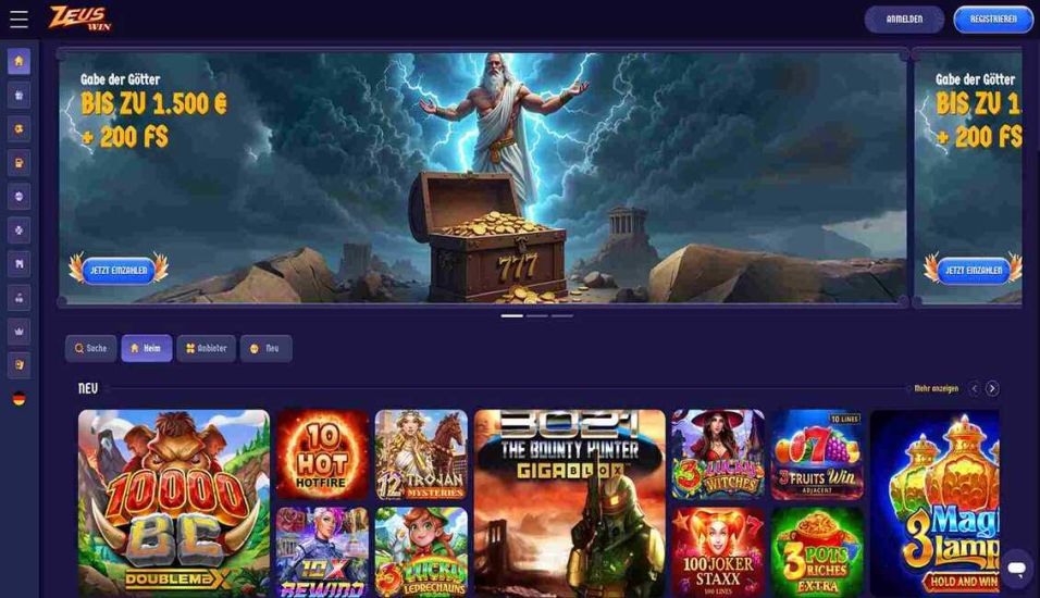 Anmeldung bei ZeusWin Casino - Schritt 1