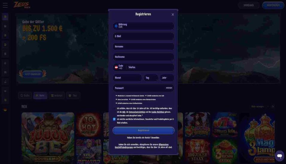 Anmeldung bei ZeusWin Casino - Schritt 2