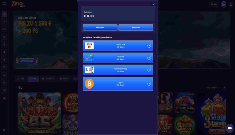 Anmeldung bei ZeusWin Casino - Schritt 3