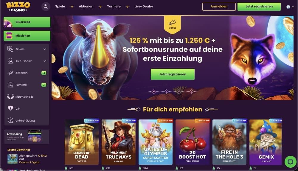 Bizzo Casino Hauptbildschirm