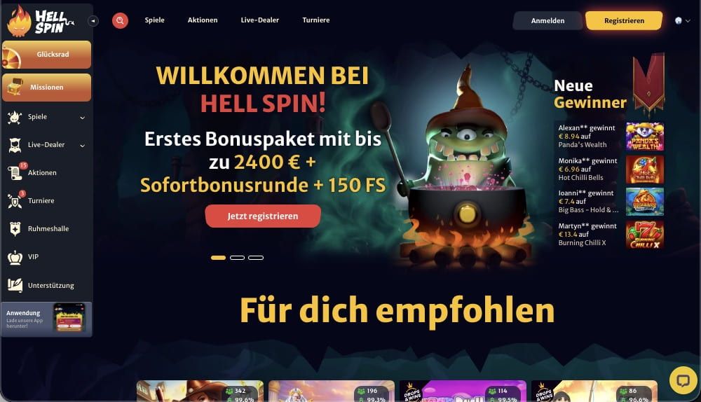 Hell Spin Casino Hauptbildschirm